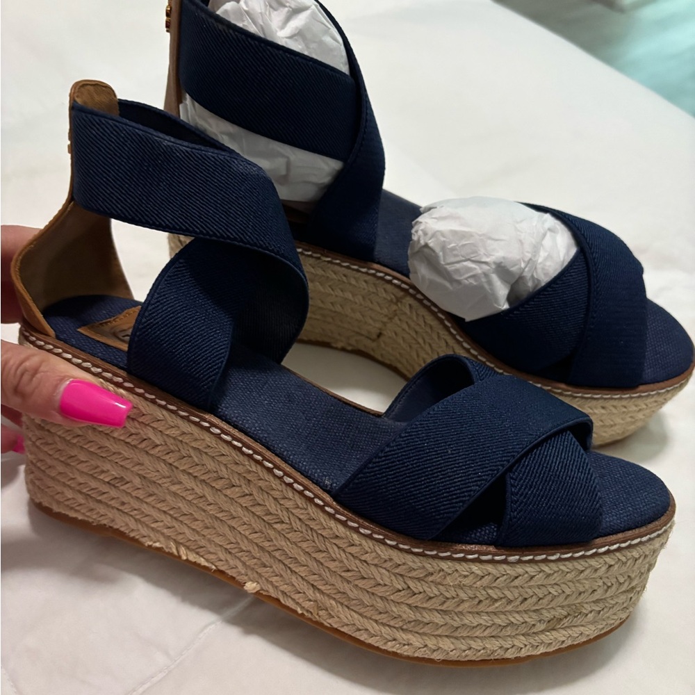 Tory Burch Blue and Tan Wedge Shoes